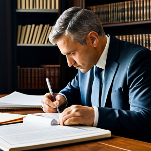 A focused male professional in a modest business suit, sitting at a large wooden desk, deeply engrossed in multiple legal documents. He is holding a highlighter, with a notebook open beside him, filled with notes and diagrams, indicating a meticulous process of deciphering complex text. His posture is natural, showing deep concentration. The setting is a well-lit, quiet home office with bookshelves filled with legal tomes in the background, creating a studious and calm atmosphere. Professional photography, high resolution, soft lighting, sharp focus on the subject, fully clothed, modest clothing, appropriate attire, professional dress, safe for work, appropriate content, family-friendly, perfect anatomy, correct proportions, natural pose, well-formed hands, proper finger count, natural body proportions.