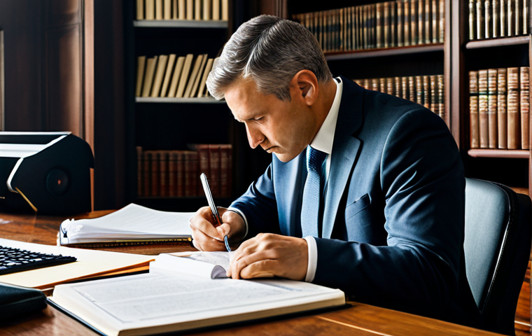 A focused male professional in a modest business suit, sitting at a large wooden desk, deeply engrossed in multiple legal documents. He is holding a highlighter, with a notebook open beside him, filled with notes and diagrams, indicating a meticulous process of deciphering complex text. His posture is natural, showing deep concentration. The setting is a well-lit, quiet home office with bookshelves filled with legal tomes in the background, creating a studious and calm atmosphere. Professional photography, high resolution, soft lighting, sharp focus on the subject, fully clothed, modest clothing, appropriate attire, professional dress, safe for work, appropriate content, family-friendly, perfect anatomy, correct proportions, natural pose, well-formed hands, proper finger count, natural body proportions.