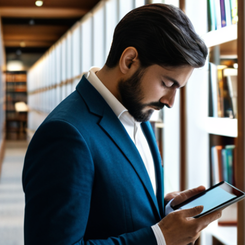 A focused professional person, fully clothed in modest, appropriate attire, reading a French novel on a tablet in a modern, serene library. The setting is well-lit, with soft, natural light illuminating the scene. The person has perfect anatomy, correct proportions, well-formed hands, and a natural pose, engrossed in the text. The atmosphere is calm and conducive to deep learning. Safe for work, appropriate content, fully clothed, professional photography, high quality.