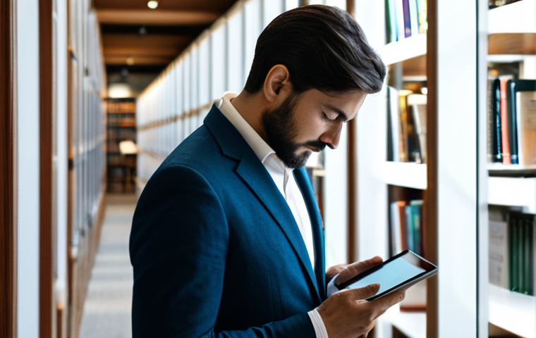 A focused professional person, fully clothed in modest, appropriate attire, reading a French novel on a tablet in a modern, serene library. The setting is well-lit, with soft, natural light illuminating the scene. The person has perfect anatomy, correct proportions, well-formed hands, and a natural pose, engrossed in the text. The atmosphere is calm and conducive to deep learning. Safe for work, appropriate content, fully clothed, professional photography, high quality.