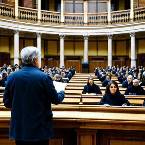 **

"A grand lecture hall at the Sorbonne University, fully clothed students taking notes during a lecture by a distinguished professor. The architecture is classic and impressive, fully clothed, safe for work, appropriate content, professional, modest, family-friendly, perfect anatomy, correct proportions, natural pose, well-formed hands, proper finger count, natural body proportions."