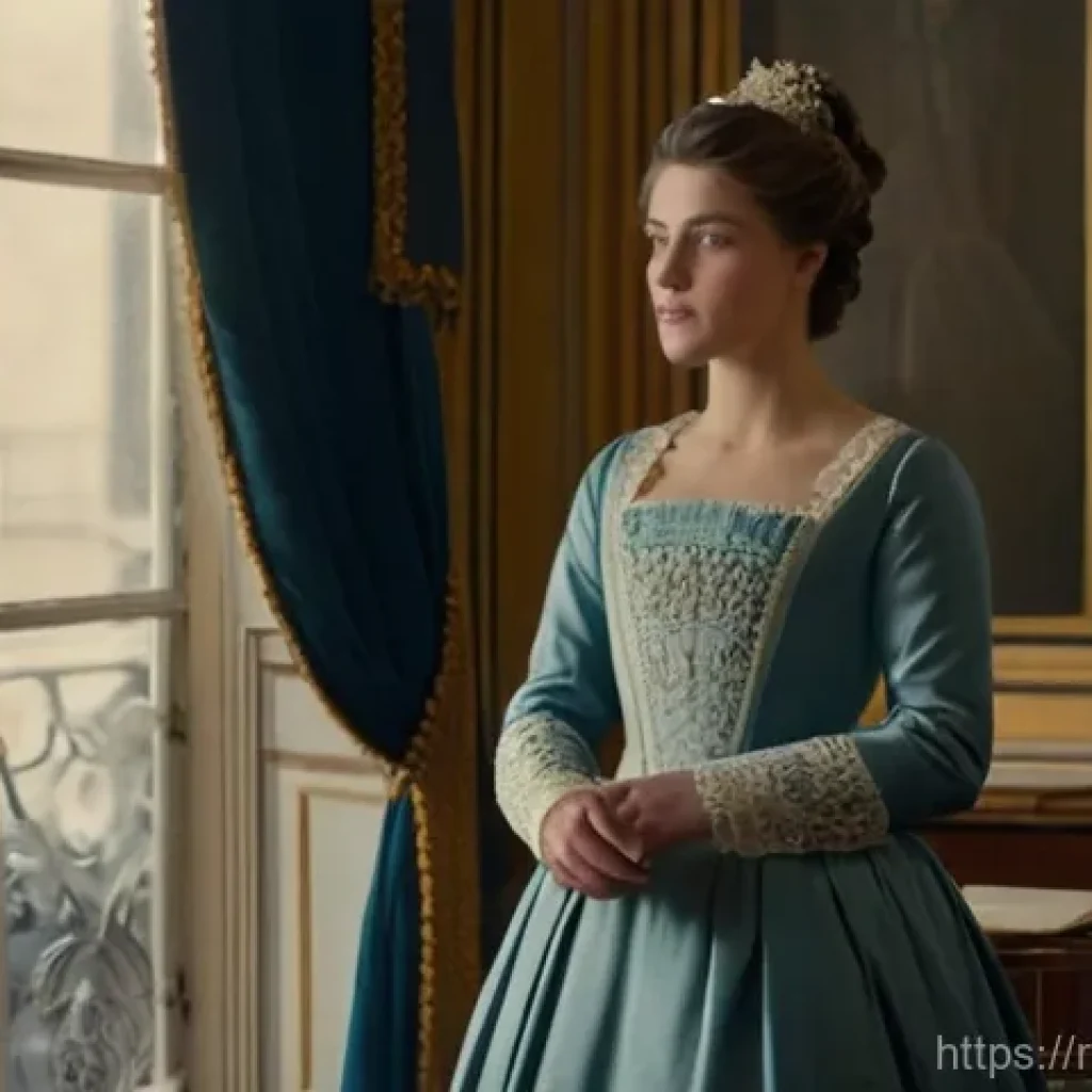 프랑스어 프랑스어 문학 장르별 특징 - **A Scene from a 19th-Century French Romantic Novel**
    A young woman, elegantly dressed in a mode...