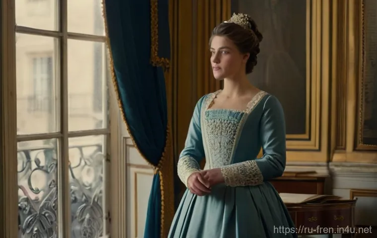 프랑스어 프랑스어 문학 장르별 특징 - **A Scene from a 19th-Century French Romantic Novel**
    A young woman, elegantly dressed in a mode...