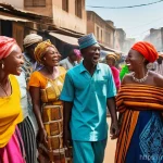 프랑스어 프랑스어와 아프리카 불어 비교 - A vibrant, bustling market scene in a warm, sun-drenched West African city. People of diverse ages a...