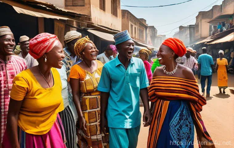 프랑스어 프랑스어와 아프리카 불어 비교 - A vibrant, bustling market scene in a warm, sun-drenched West African city. People of diverse ages a...