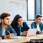 프랑스어 프랑스어권 대학 유학 준비 - A diverse group of international university students, including a young Russian student, attentively...