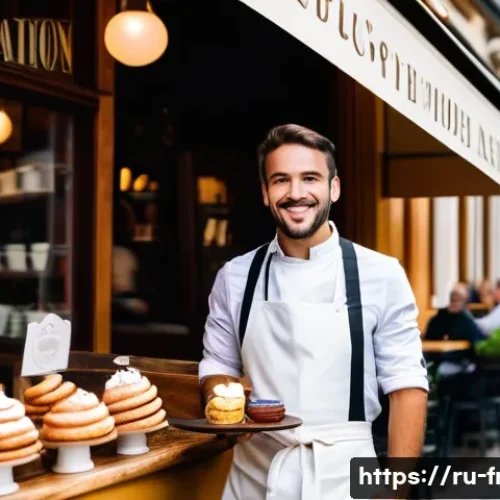 프랑스어 프랑스어로 음식 주문하는 법 - A cozy French café interior scene during daytime, featuring a smiling waiter politely greeting a div...