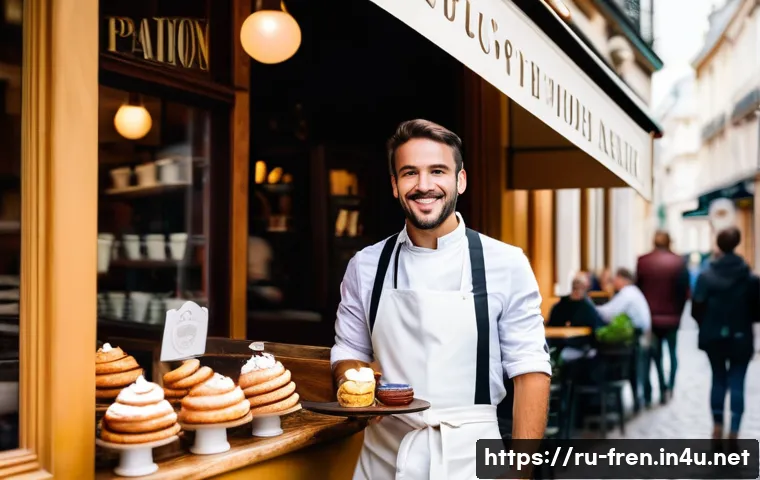 프랑스어 프랑스어로 음식 주문하는 법 - A cozy French café interior scene during daytime, featuring a smiling waiter politely greeting a div...