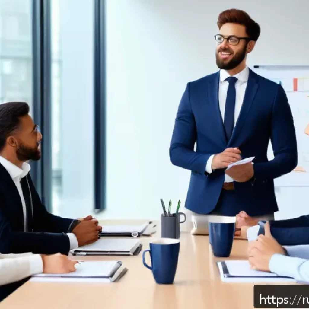 프랑스어 직장 내 필수 표현 - A professional business meeting scene in a modern office with diverse colleagues sitting around a la...