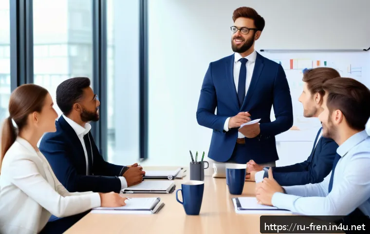 프랑스어 직장 내 필수 표현 - A professional business meeting scene in a modern office with diverse colleagues sitting around a la...