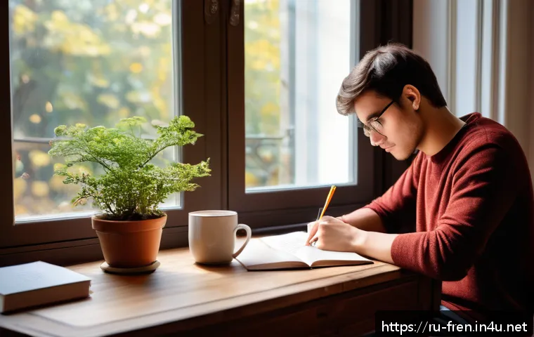 프랑스어 프랑스어 글쓰기 연습법 - A cozy morning study scene featuring a young adult sitting at a wooden desk by a large window with s...